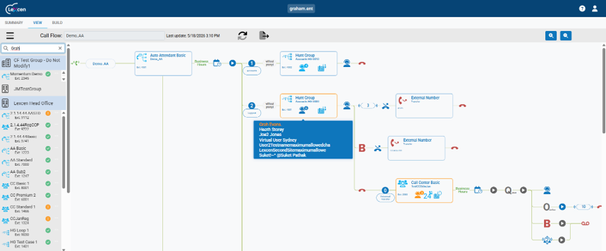 Call flow search interface showing user and extension lookup